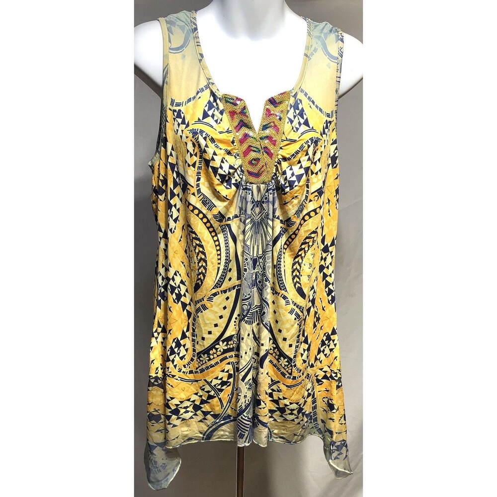 Energe Sleeveless Silky Top L Yellow Blue Mod Geo Sequins Funky Retro Hippie Art